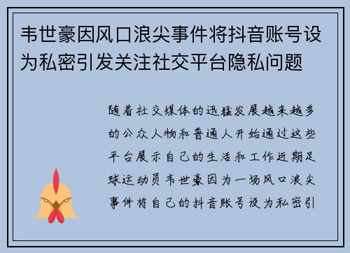 韦世豪因风口浪尖事件将抖音账号设为私密引发关注社交平台隐私问题