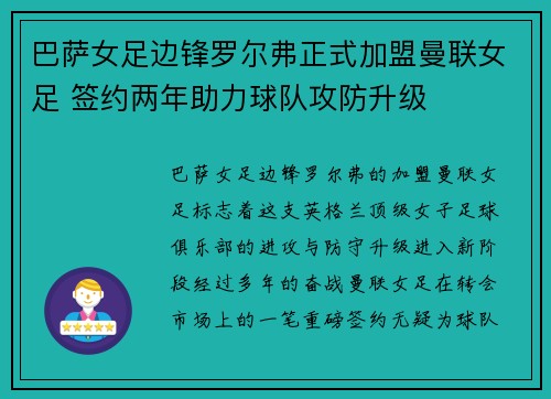 巴萨女足边锋罗尔弗正式加盟曼联女足 签约两年助力球队攻防升级