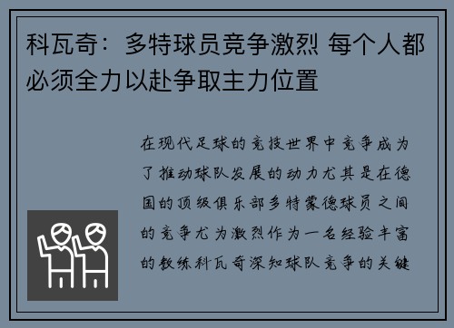 科瓦奇：多特球员竞争激烈 每个人都必须全力以赴争取主力位置