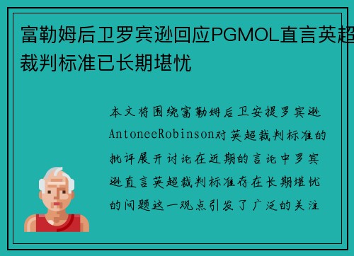 富勒姆后卫罗宾逊回应PGMOL直言英超裁判标准已长期堪忧