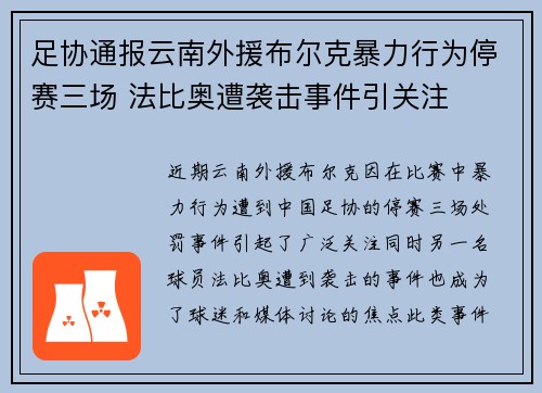 足协通报云南外援布尔克暴力行为停赛三场 法比奥遭袭击事件引关注