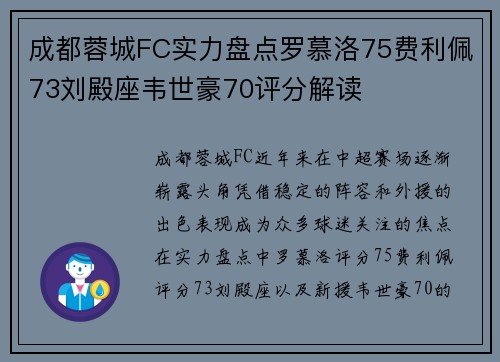 成都蓉城FC实力盘点罗慕洛75费利佩73刘殿座韦世豪70评分解读